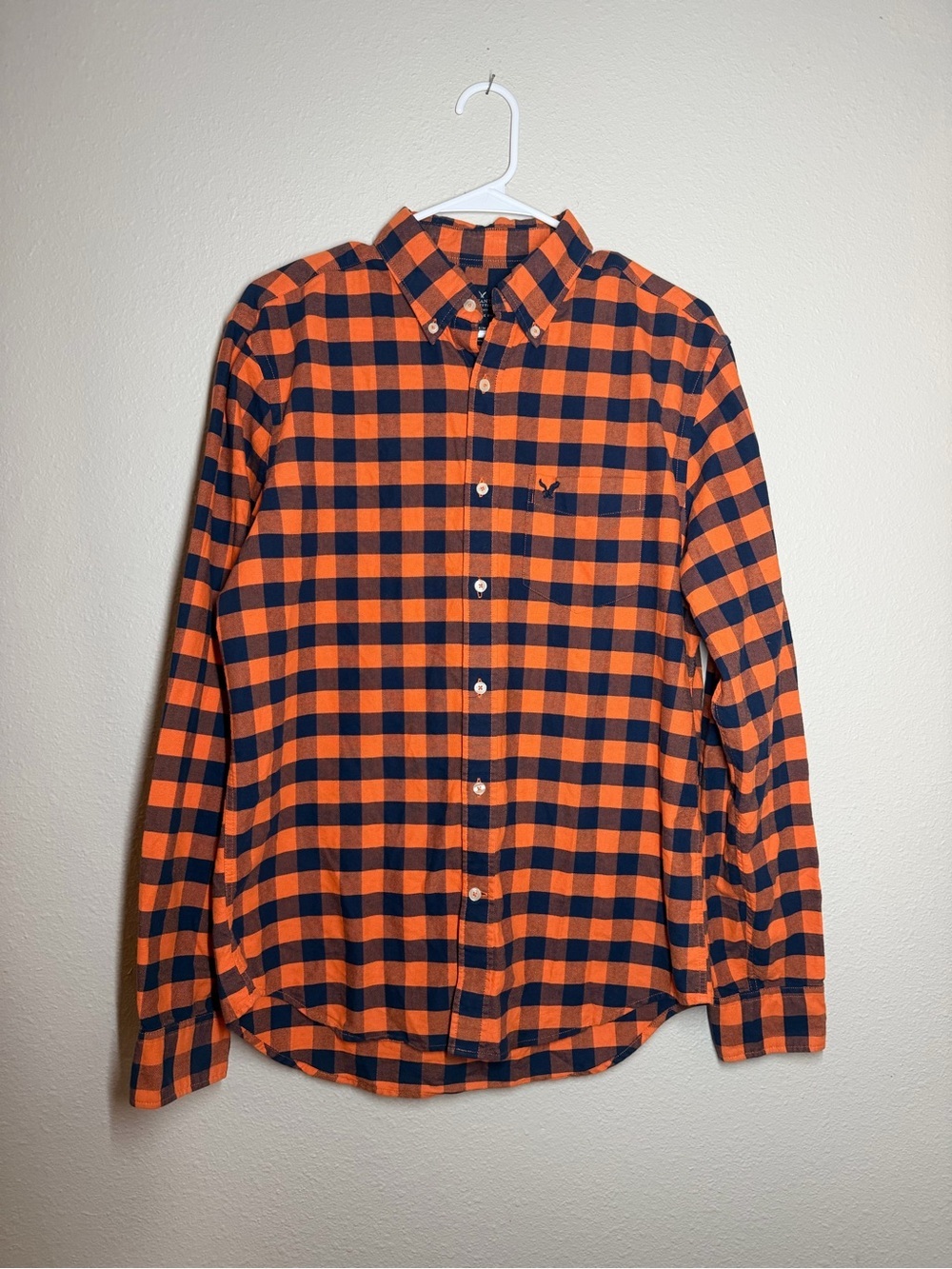 American Eagle Outfitters Orange and Navy Plaid Button-Down Shirt
